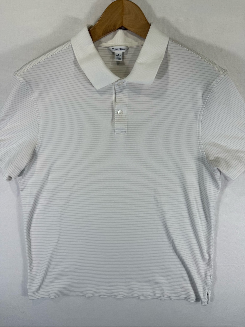 Calvin Klein White Polo with Subtle Gray Pinstripes